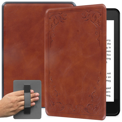 All New Kindle 2019 10th Generation Case with Hand Strap Holder - Vintage Book Style Brown