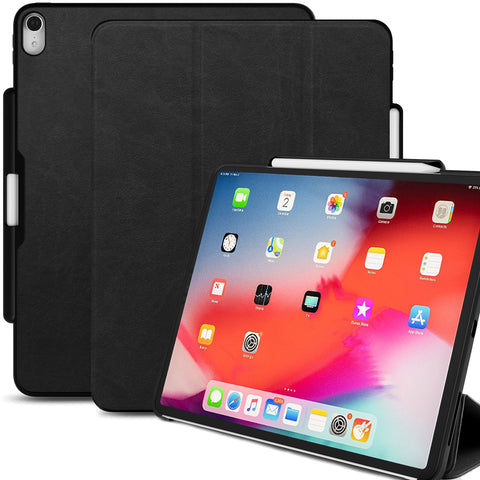 Dual Case Cover With Pen Holder For Apple iPad Pro 12.9 Inch 3rd Generation Super Slim Support Pencil Charging - Leather Black
